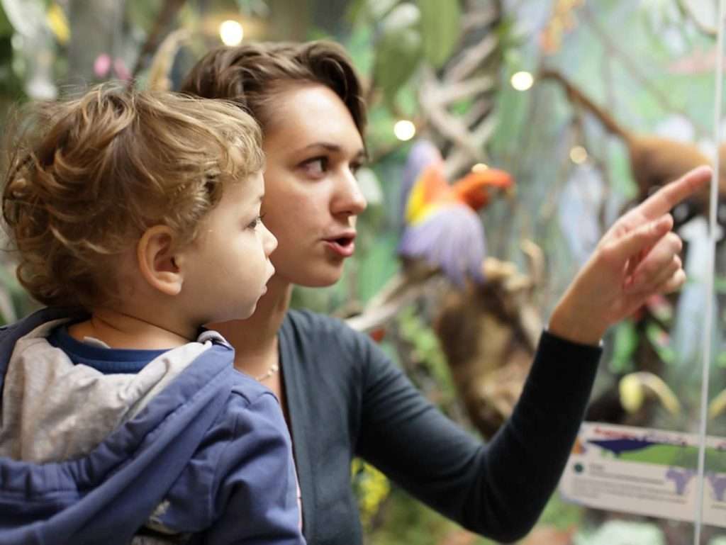 Mother pointing out something to child she is holding