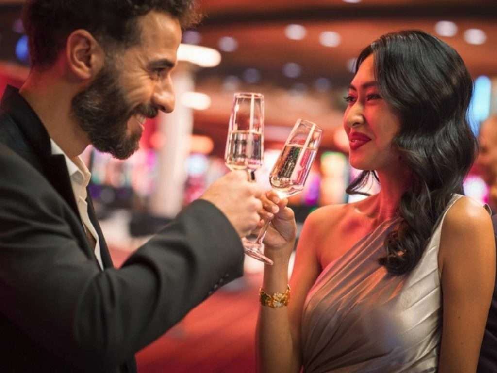 man and woman drinking champaign at a casino